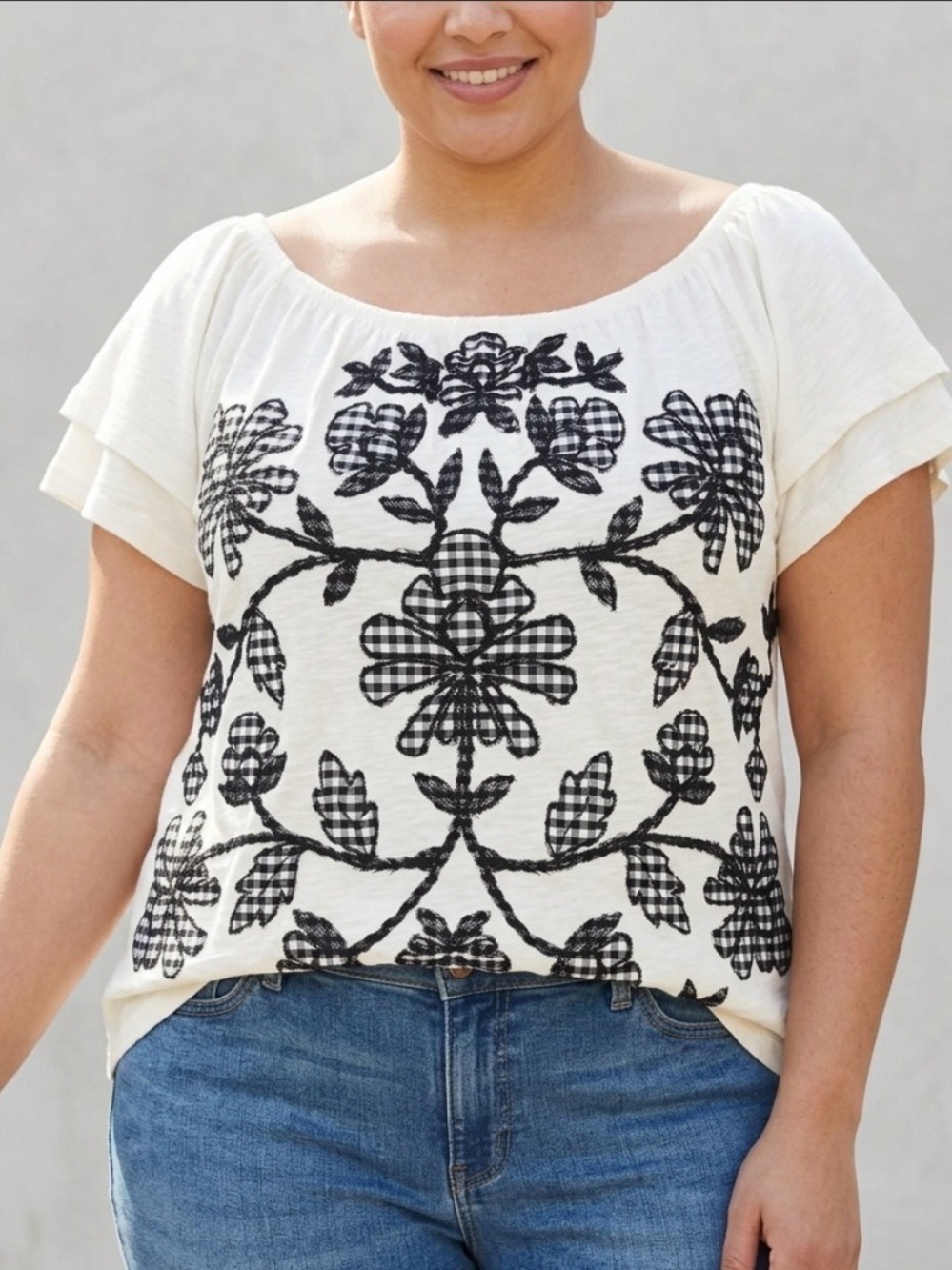 Democracy Cream Short-Sleeve Embroidered Floral Blouse